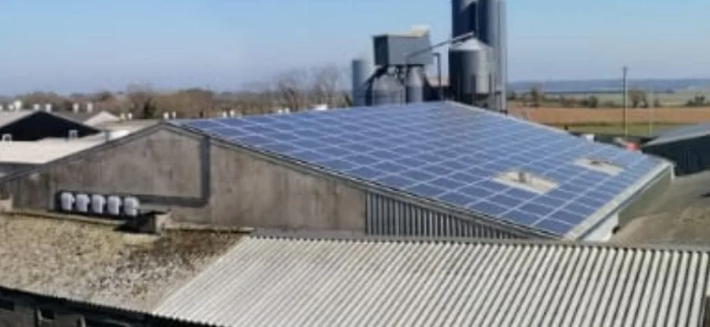 Large farm shed roof covered in solar panels beside feed silos