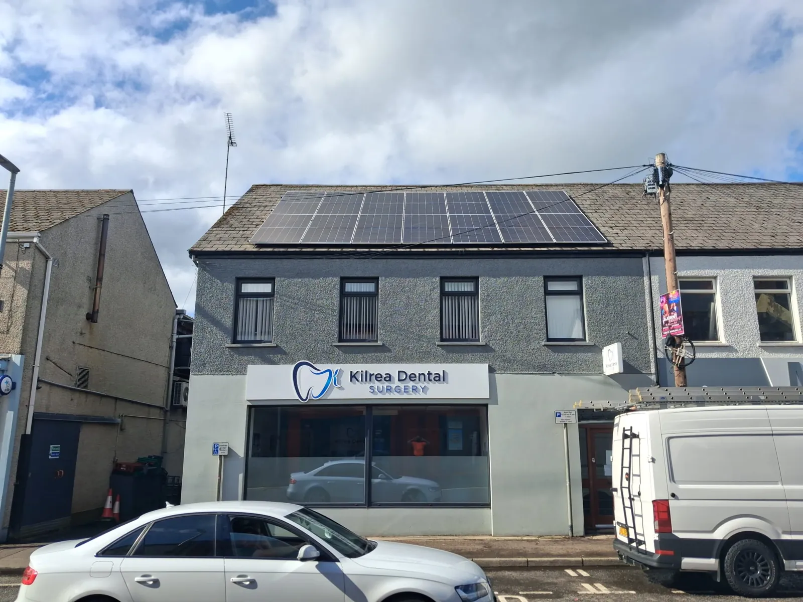 Solar panels on the roof of Kilrea Dental Surgery, a commercial installation