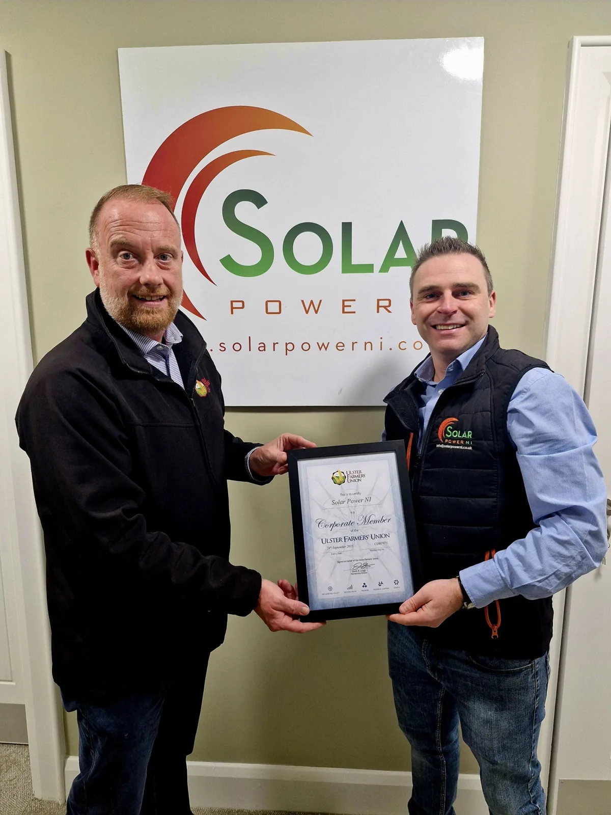 Solar Power NI receiving its Ulster Farmers' Union corporate membership certificate